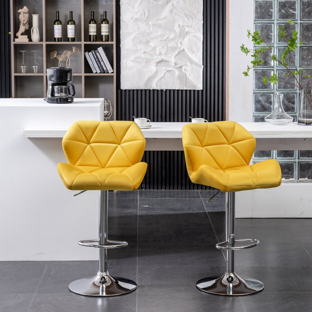 Breni Velvet Diamond Tufted Swivel Adjustable Height Barstool, Set of 2, Yellow. Picture 5