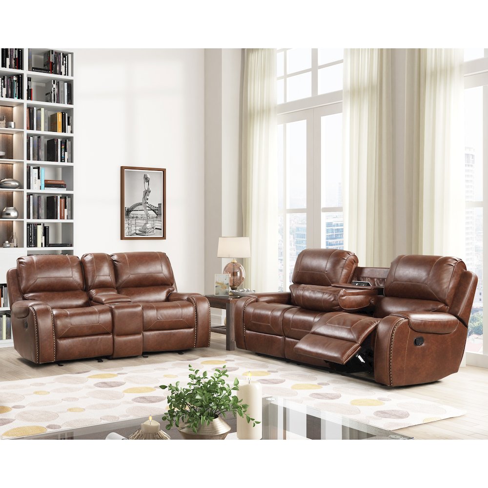 Achern Leather Manual Reclining Sofa and Loveseat, Storage Console and USB Port. Picture 2