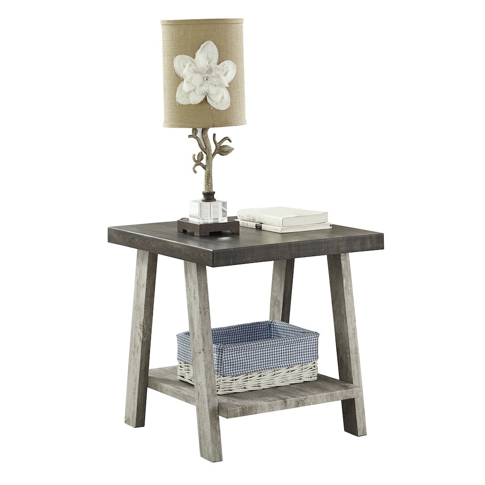 Athens Contemporary Two-Tone Wood Shelf End Table in Weathered Walnut and Gray. Picture 1