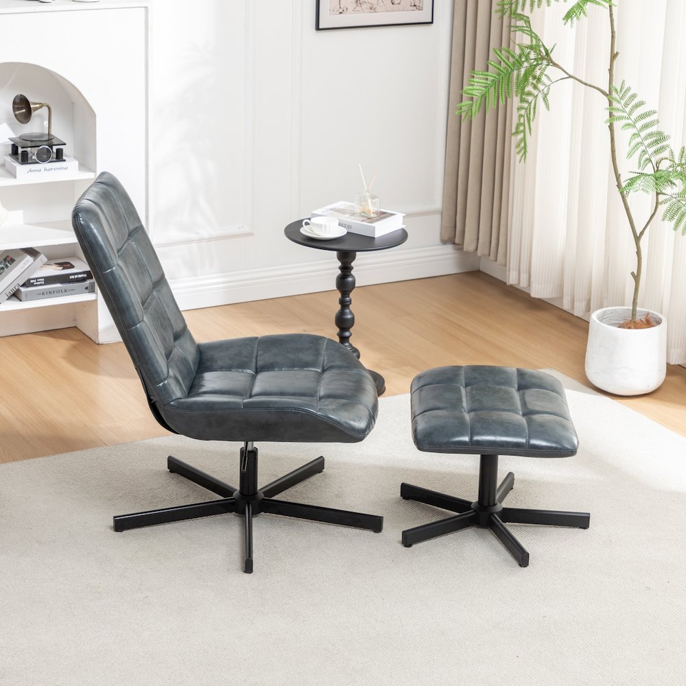 Arlena 2-Piece Seating Set, Faux Leather Tufted Accent Chair and Ottoman, Blue. Picture 8