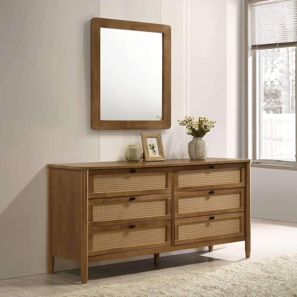 Vichy Wood and Rattan 6-Drawer Dresser with Mirror. Picture 2