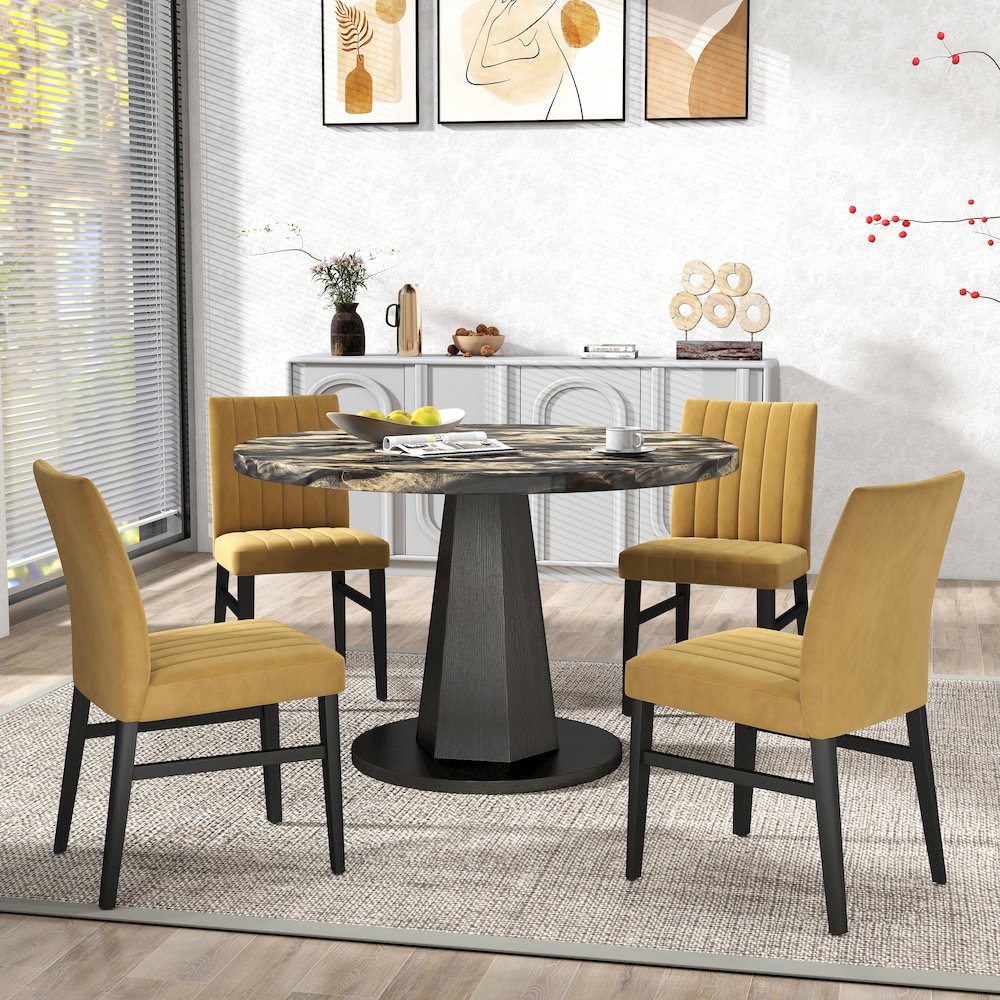 5-Piece Dining Set, Black and Gold Faux Marble Dining Table Four Chairs, Yellow. Picture 4