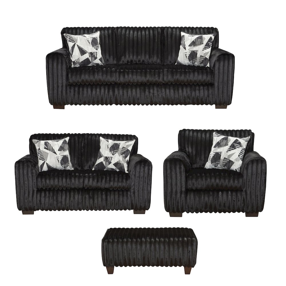 Nolan 4-Piece Living Room Set, Sofa Loveseat Chair and Ottoman, Lush Black. Picture 1