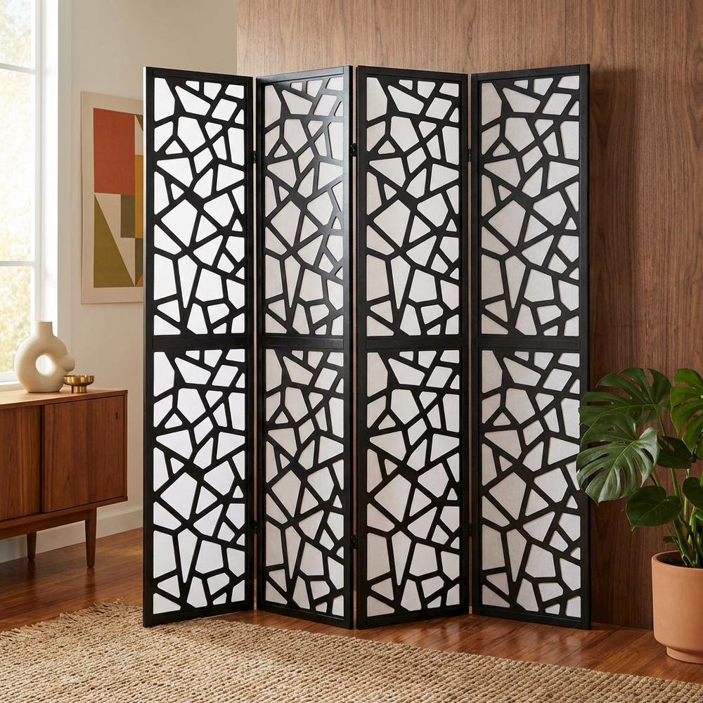 Black 4-Panel Wood Folding Room Divider, Fabric, 70 Inch. Picture 3