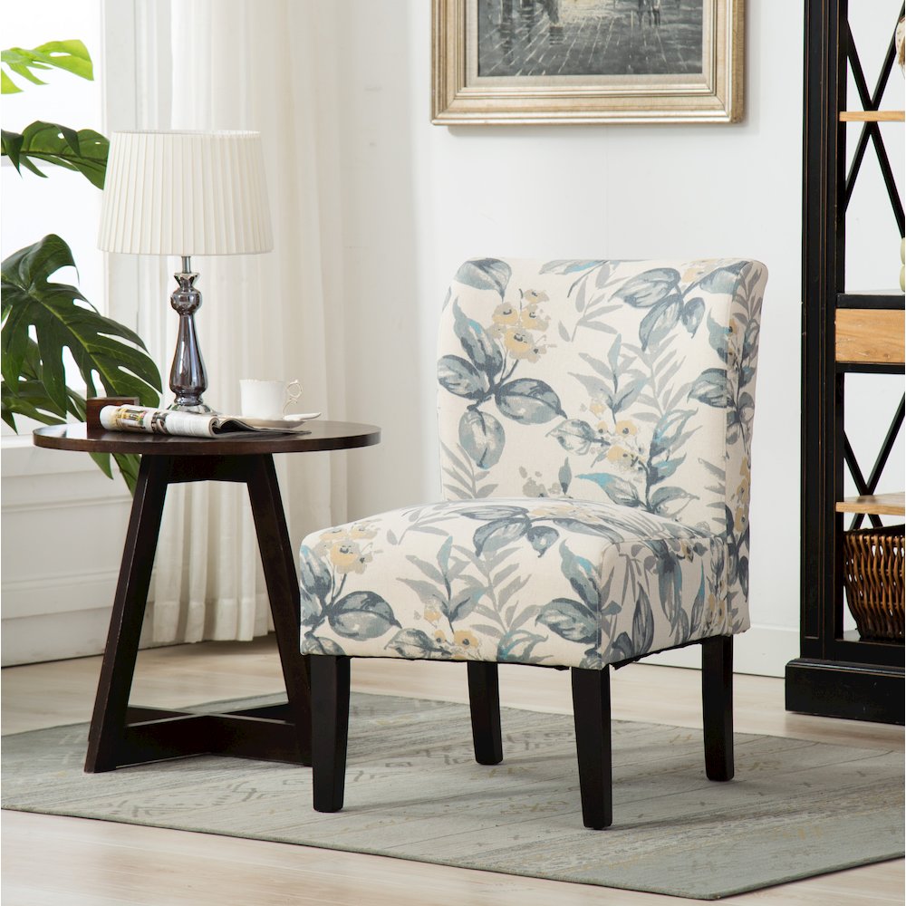 Capa Print Fabric Armless Contemporary Accent Chair, Blue Leaves. Picture 2