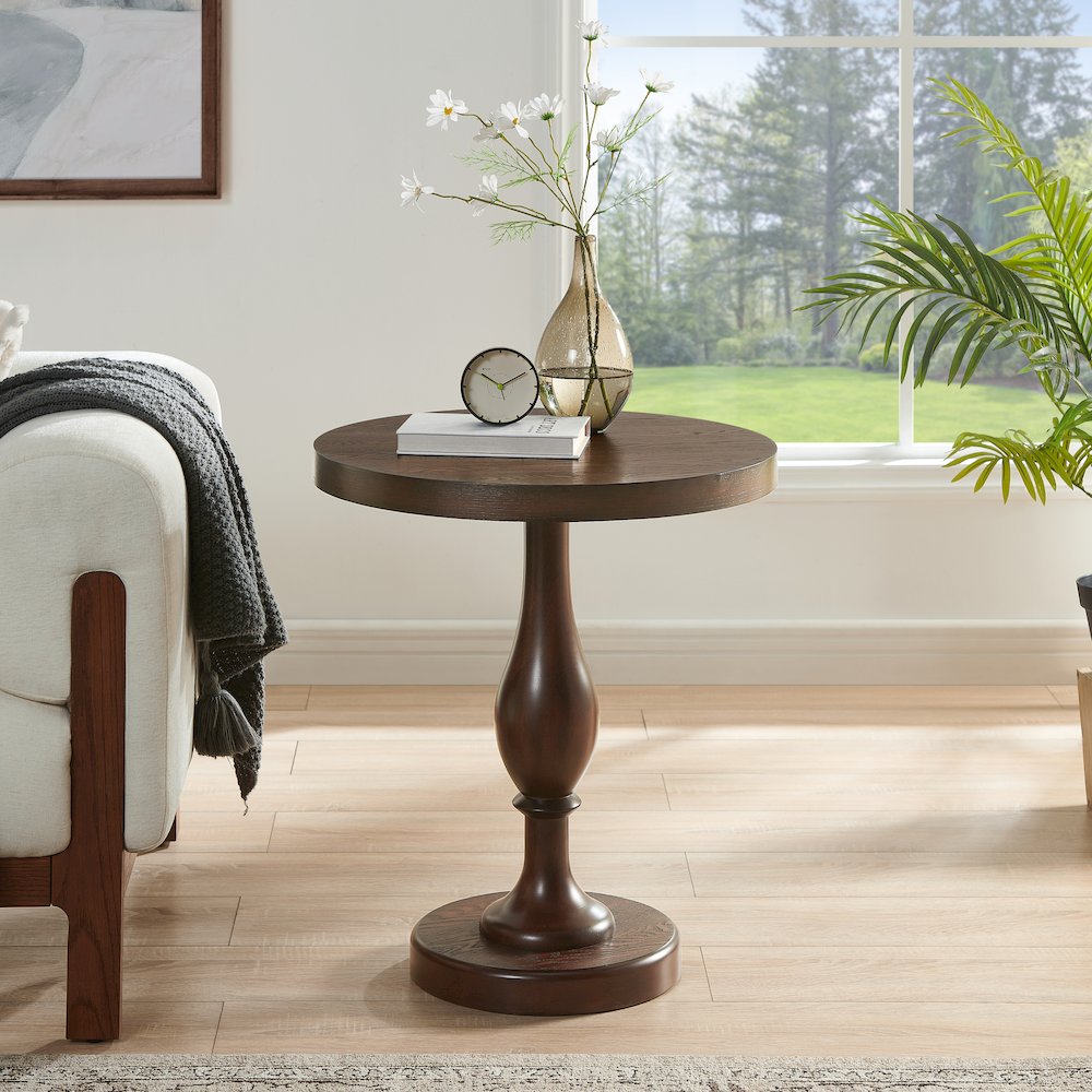 Solmere 22" Round Wood Pedestal End Table, Espresso. Picture 3