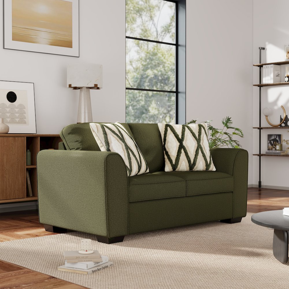 Marvella Living Room Loveseat with Mosswood Chenille Upholstery, Accent Pillows. Picture 4