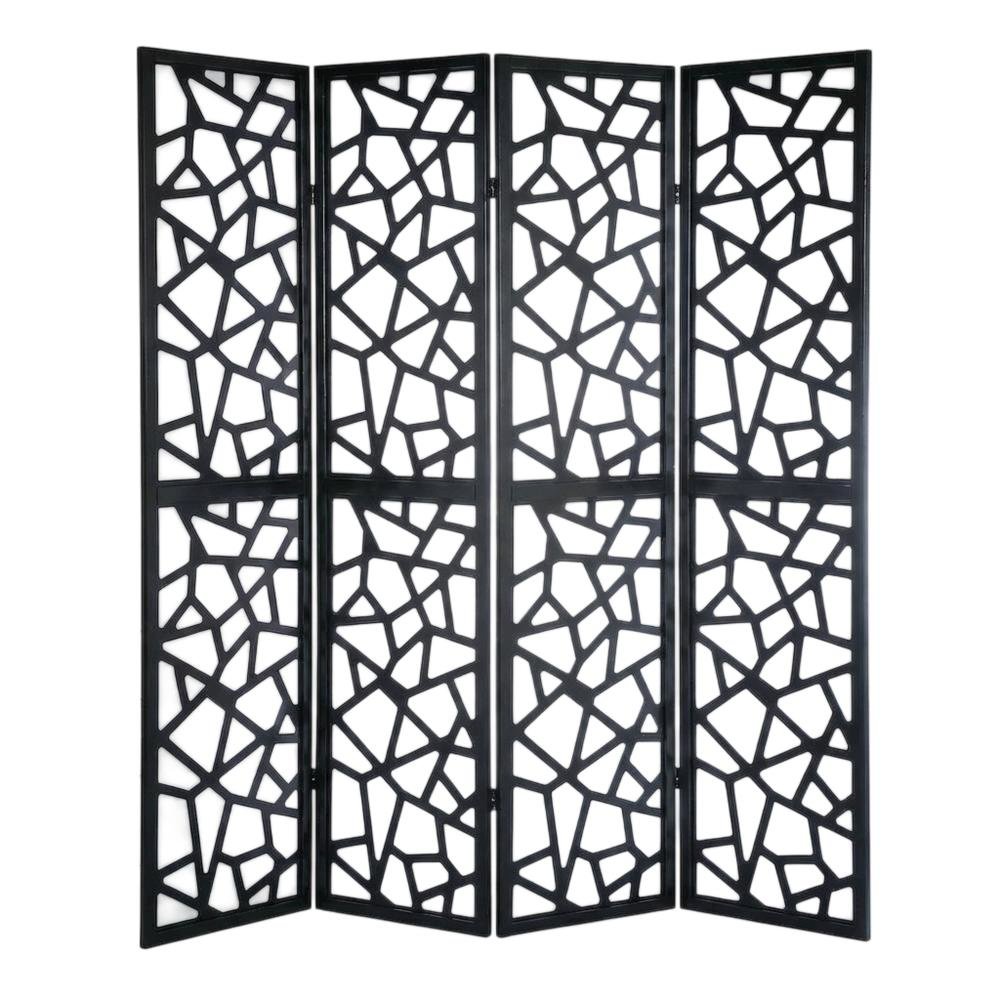 Black 4-Panel Wood Folding Room Divider, Fabric, 70 Inch. Picture 4