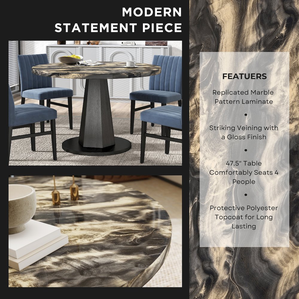 5-Piece Dining Set, Black and Gold Faux Marble Dining Table Four Chairs, Blue. Picture 6