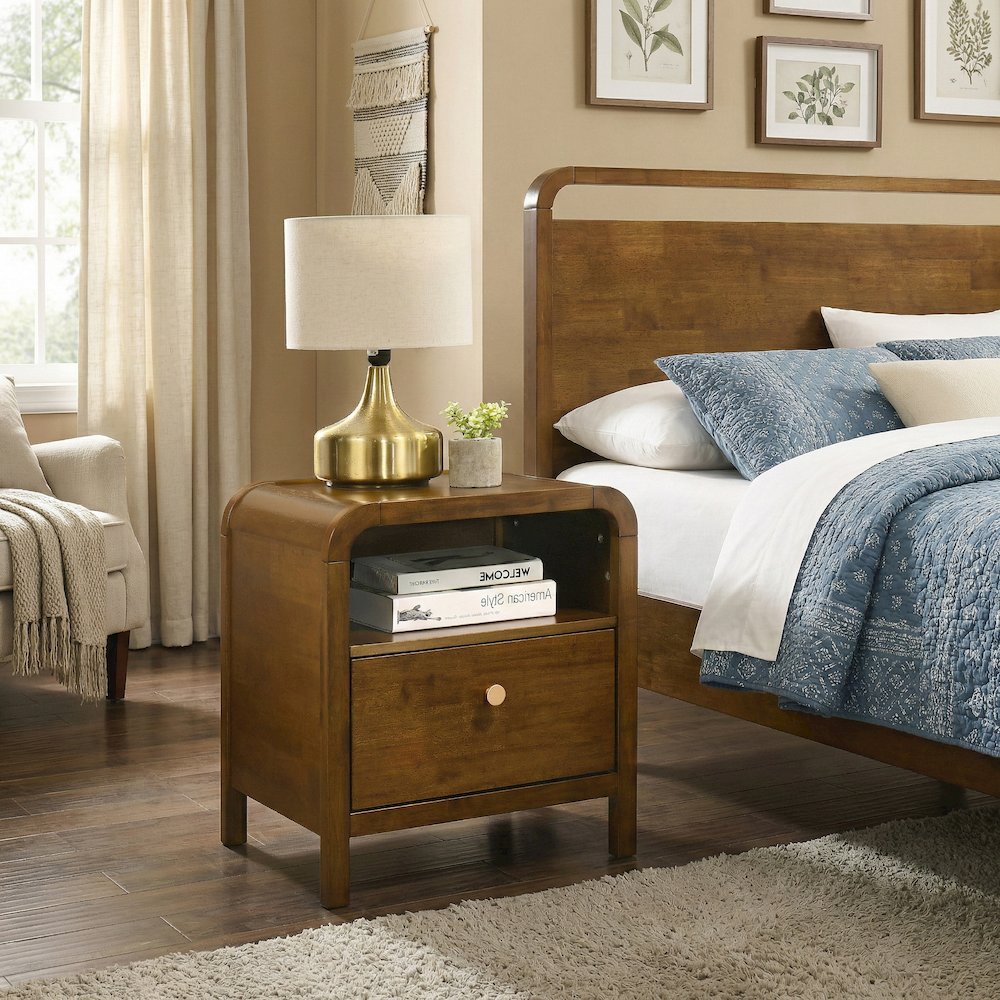 Eldren Wood Nightstand with Solid Rubberwood Frame, Walnut Finish. Picture 4