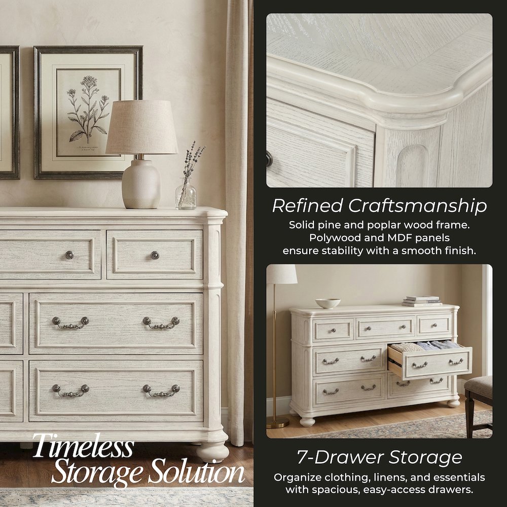Nelson 7-Drawer Bedroom Dresser, Antique White. Picture 6