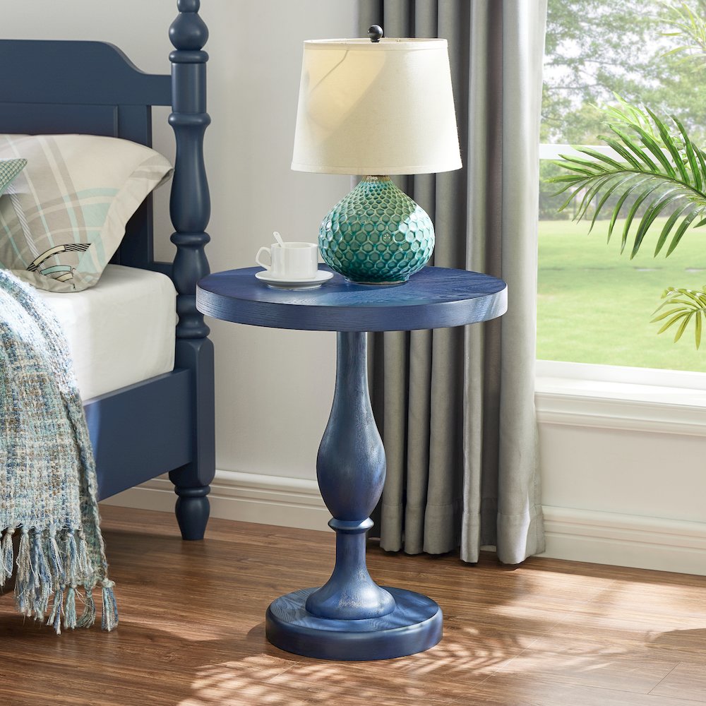 Solmere 22" Round Wood Pedestal End Table, Blue. Picture 4