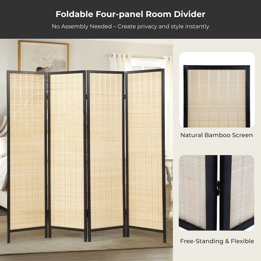 Inkwell 4-Panel Bamboo Room Divider, Folding Screen, Natural with Black Frame. Picture 5