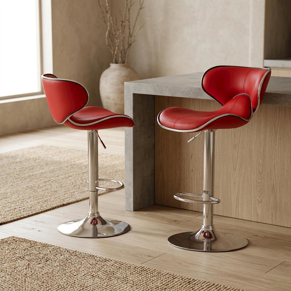 Red Leatherette Adjustable Swivel Barstool with Chrome Base, Set of 2. Picture 2