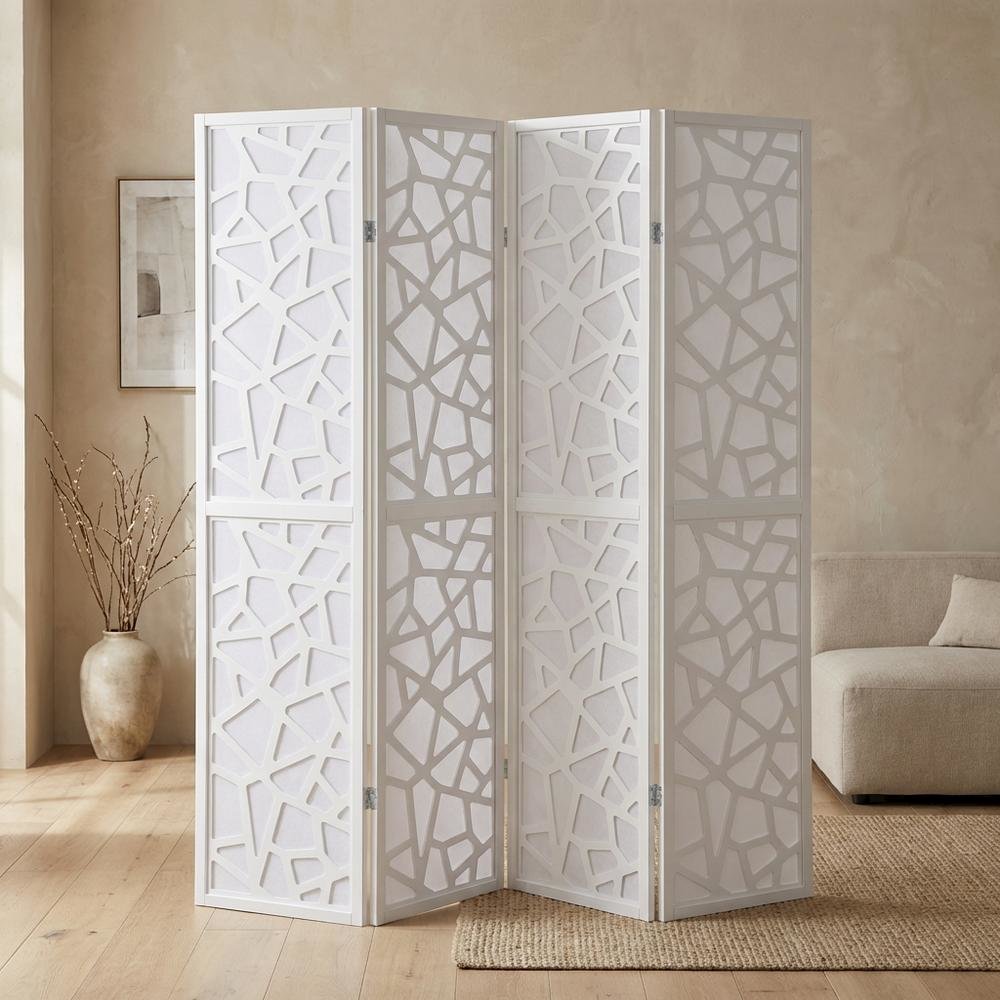 White 4-Panel Wood Folding Room Divider, Fabric, 70 Inch. Picture 2