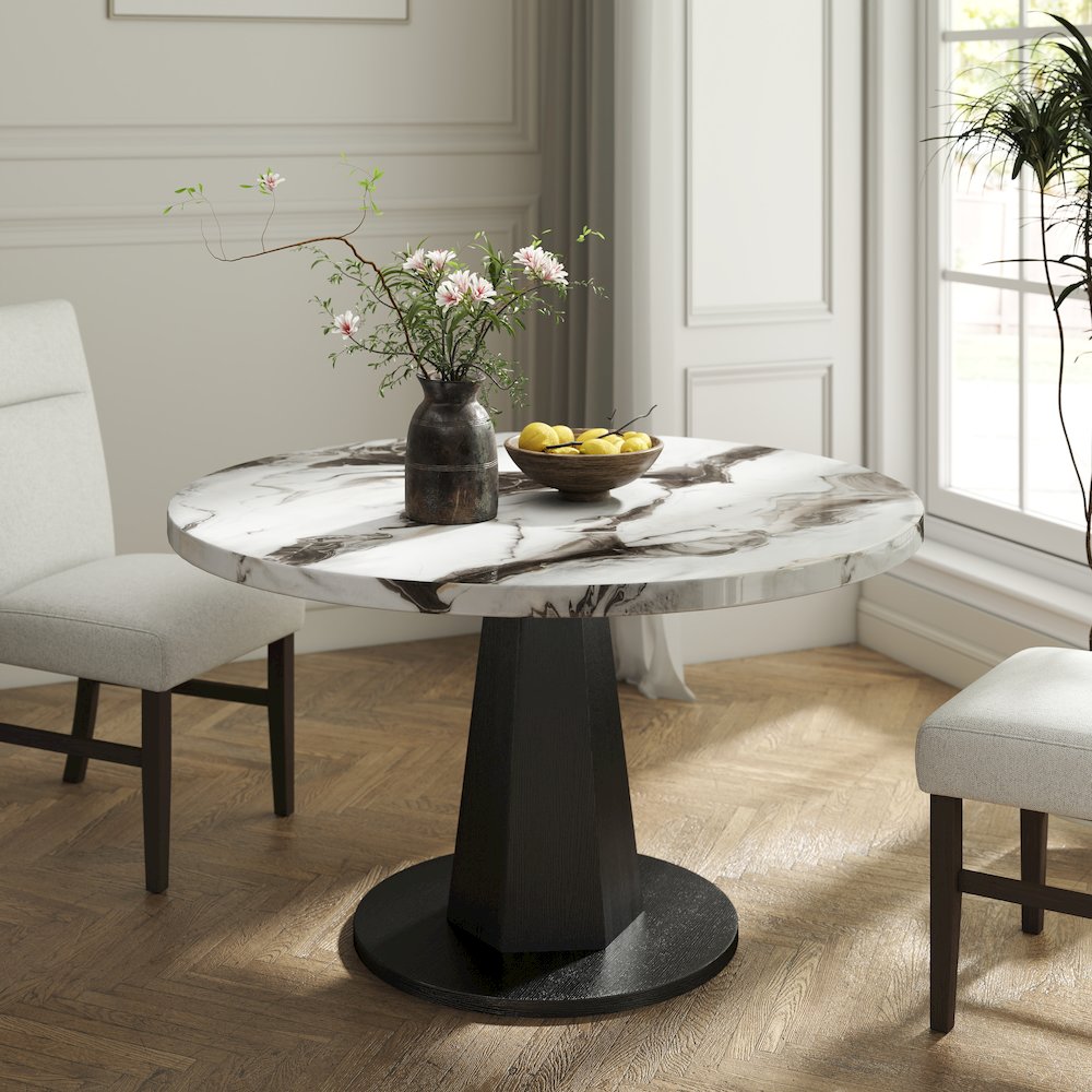 Cavira 5-PC Dining Set, Off-White Faux Marble Table with Four Gray Chairs. Picture 4