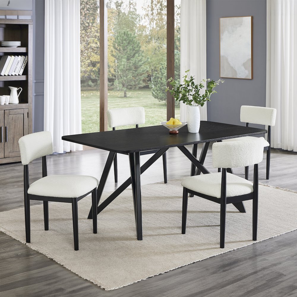 Axler 5-Piece Dining Set, Tripod-Cross Dining Table with 4 Boucle Chairs, Black. Picture 11