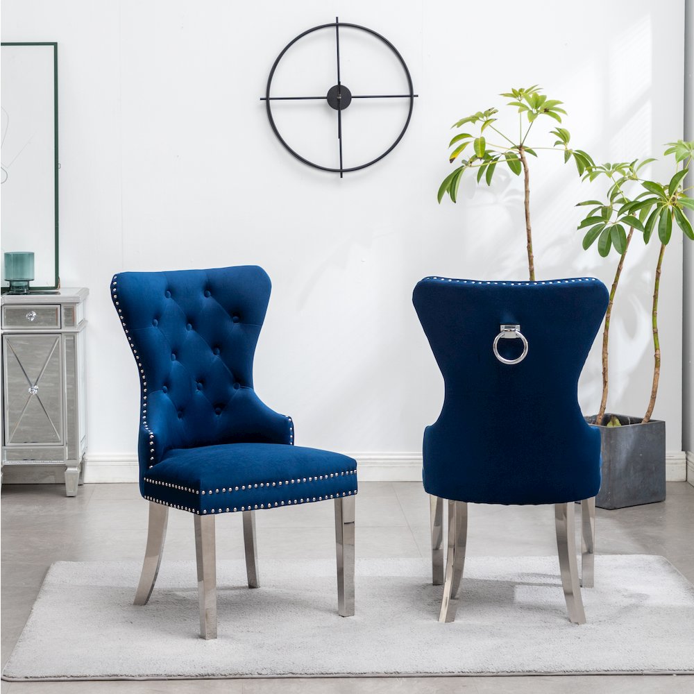 Montura Contemporary Tufted Velvet Chair with Nailhead Trim, Set of 2, Blue. Picture 5