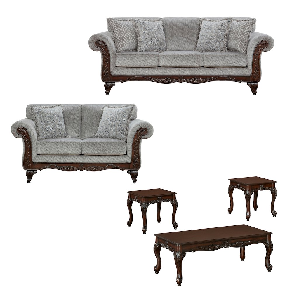 Hernen Carved Wood Frame Gray 5-Piece Living Room Set. Picture 1