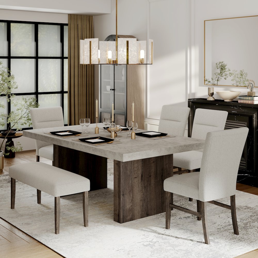 Sorlen Modern 6-Piece Dining Set, 3D Faux Concrete Table with 4 Chairs and Bench. Picture 4