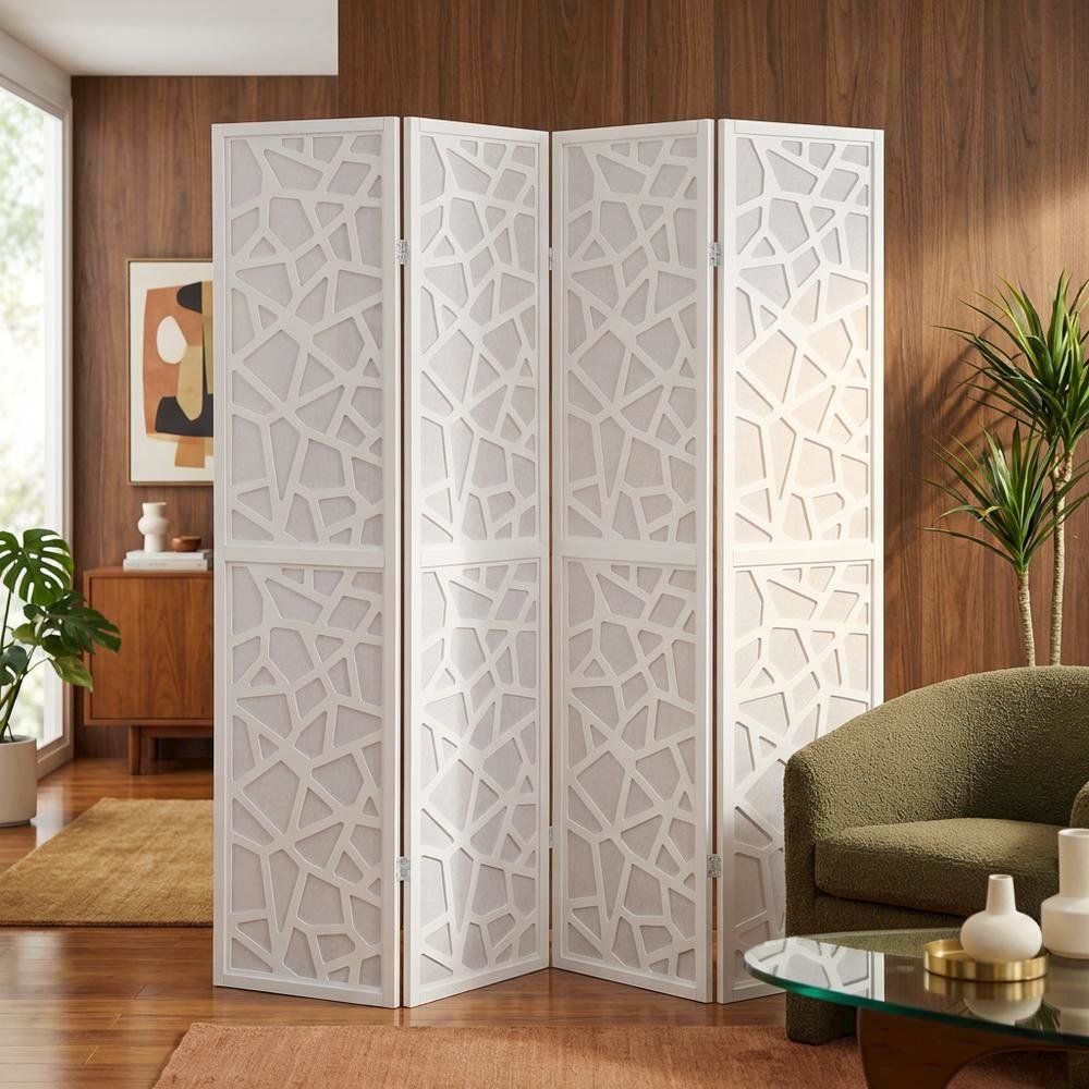 White 4-Panel Wood Folding Room Divider, Fabric, 70 Inch. Picture 3