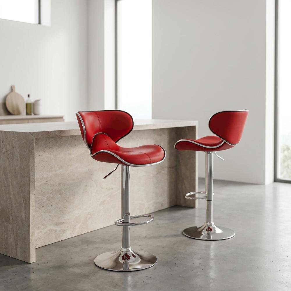 Red Leatherette Adjustable Swivel Barstool with Chrome Base, Set of 2. Picture 5