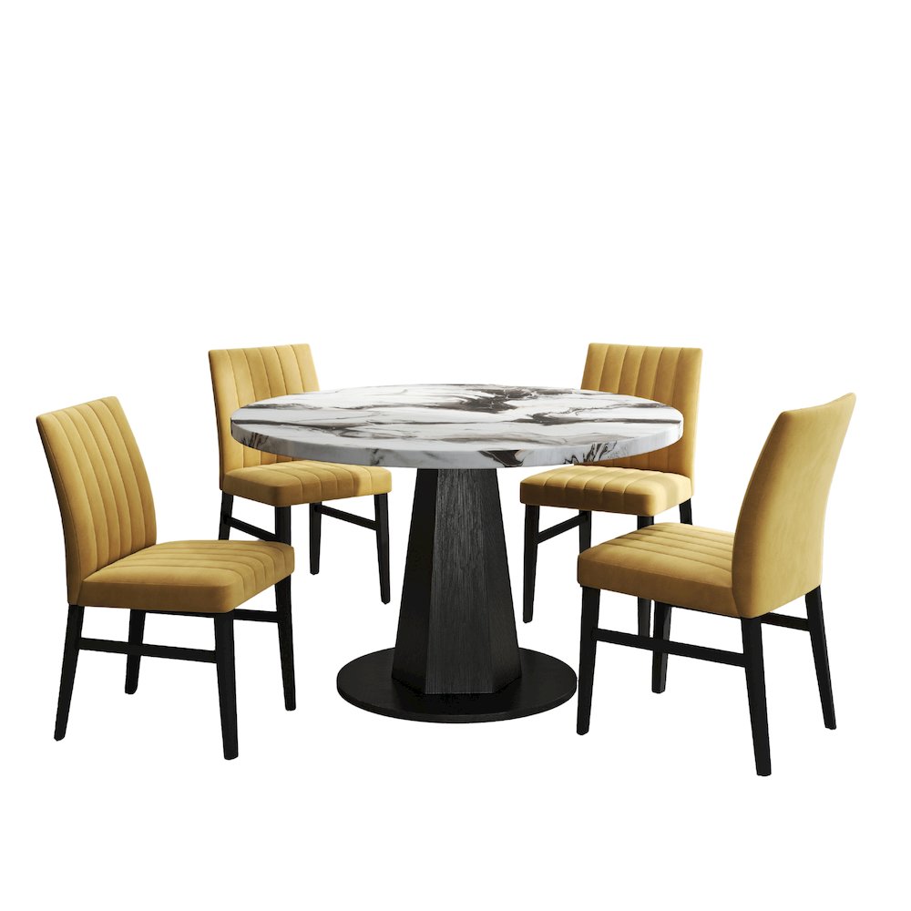5-Piece Dining Set, Off-White Faux Marble Dining Table with Four Chairs, Yellow. Picture 1