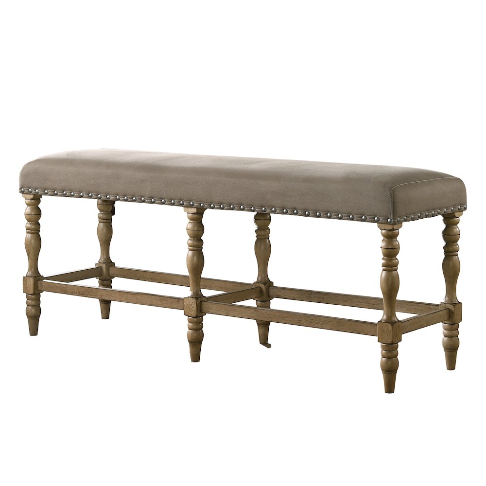 Birmingham Microfiber Counter Height Bench with Nail Heads in Driftwood Finish. Picture 5