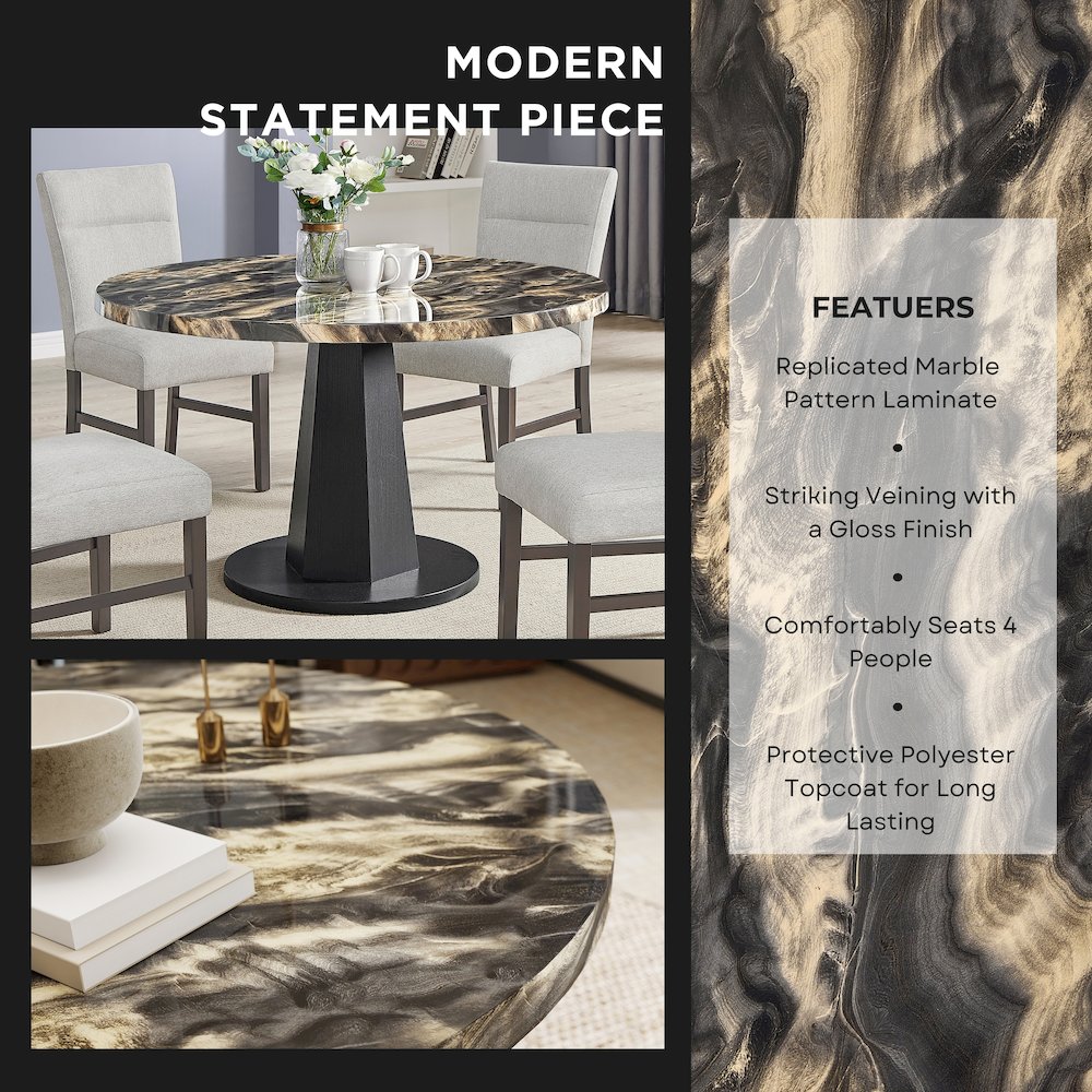 Cavira 5-PC Dining Set, Black and Gold Faux Marble Table with Four Gray Chairs. Picture 10