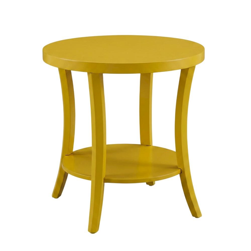 Yellow round end table with shelf for living room decor. Picture 1