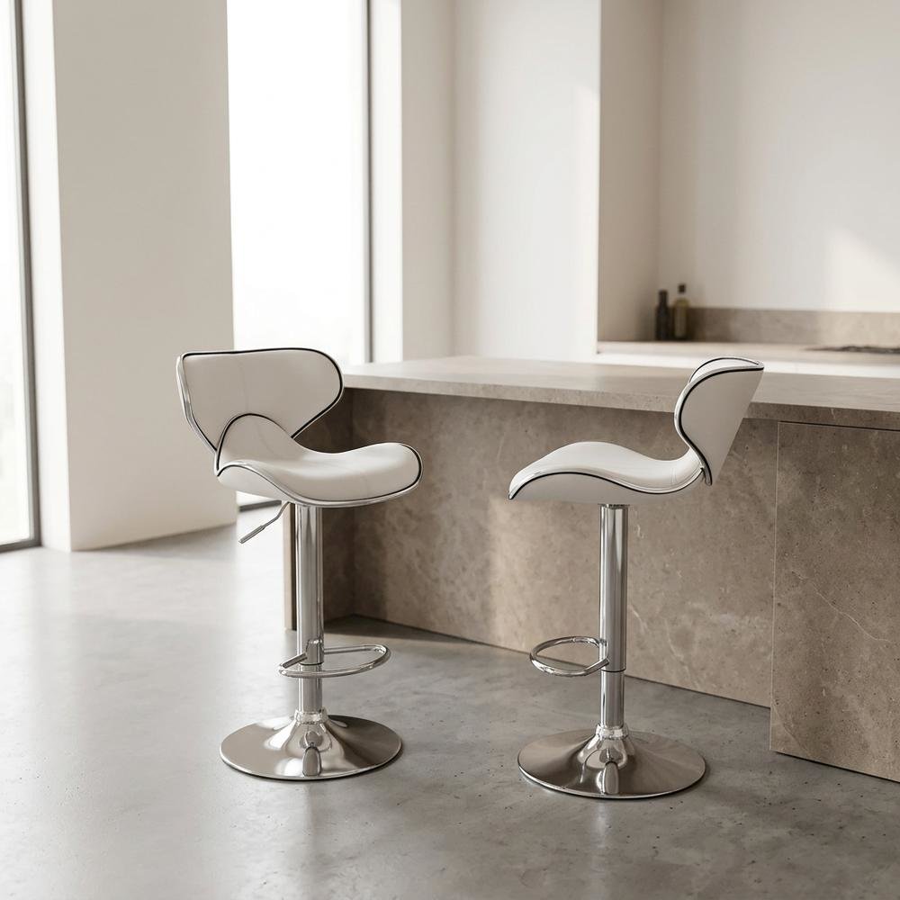 White Leatherette Swivel Barstool Set with Chrome Base and Adjustable Height. Picture 5