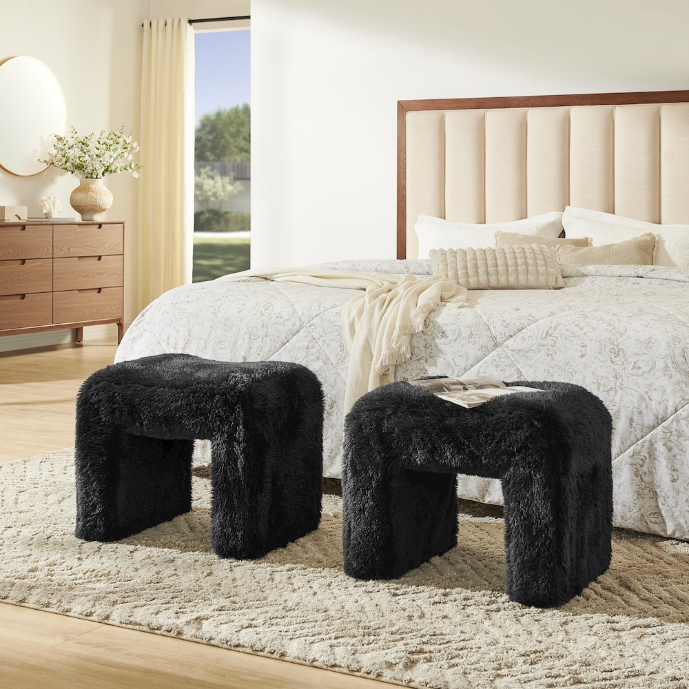 Zorya Contemporary Faux Fur U-Shaped Ottoman, Set of 2, Black. Picture 4