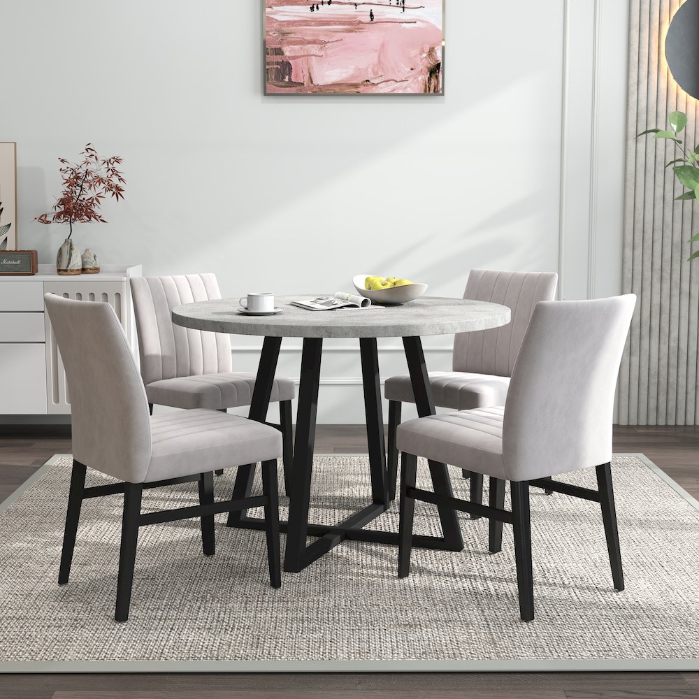 Edo 5-Piece Dining Set, Round Trestle Table and 4 Chairs, Gray and Tan. Picture 4