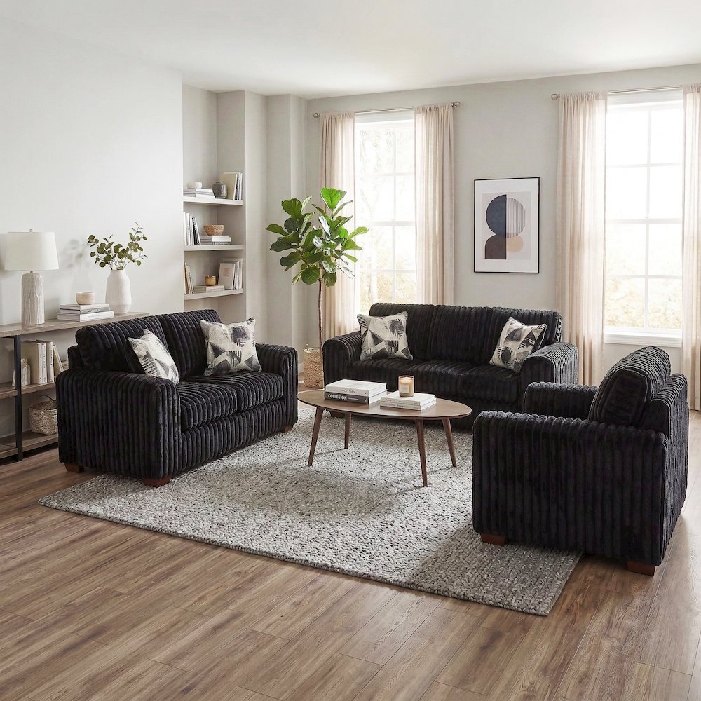 Nolan 3-Piece Living Room Set, Sofa Loveseat and Chair, Lush Black. Picture 4