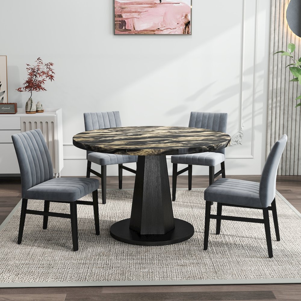 5-Piece Dining Set, Black and Gold Faux Marble Dining Table Four Chairs, Gray. Picture 2