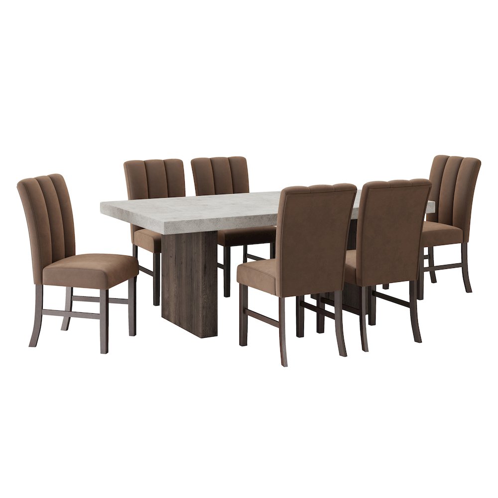 Sorlen 7-Piece Dining Set, 3D Faux Concrete Table with 6 Chocolate Fabric Chairs. Picture 1