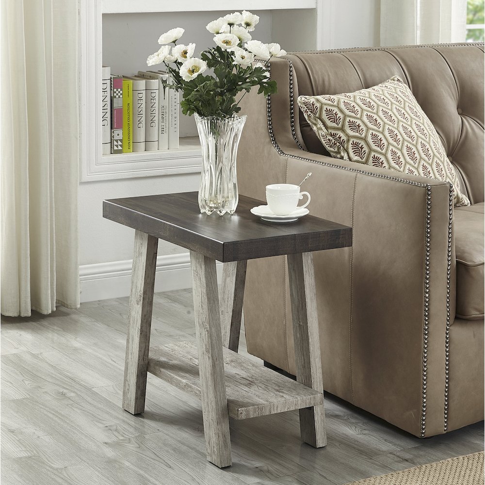 Ethens Contemporary Two-Tone Wood Shelf Side Table in Weathered Walnut and Gray. Picture 2