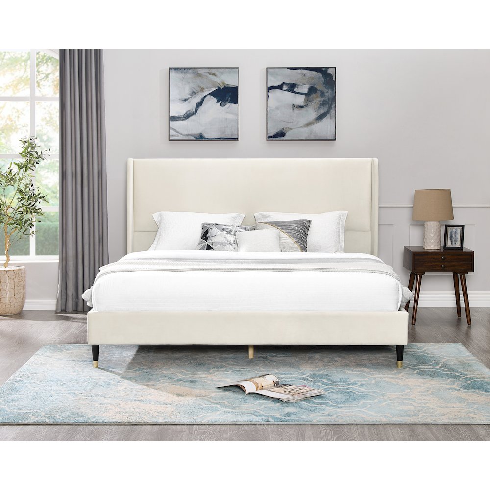 Rozitta Beige Velvet Wingback Platform Bed, Queen. Picture 5