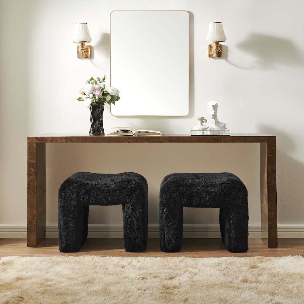 Zorya Contemporary Faux Fur U-Shaped Ottoman, Set of 2, Black. Picture 5