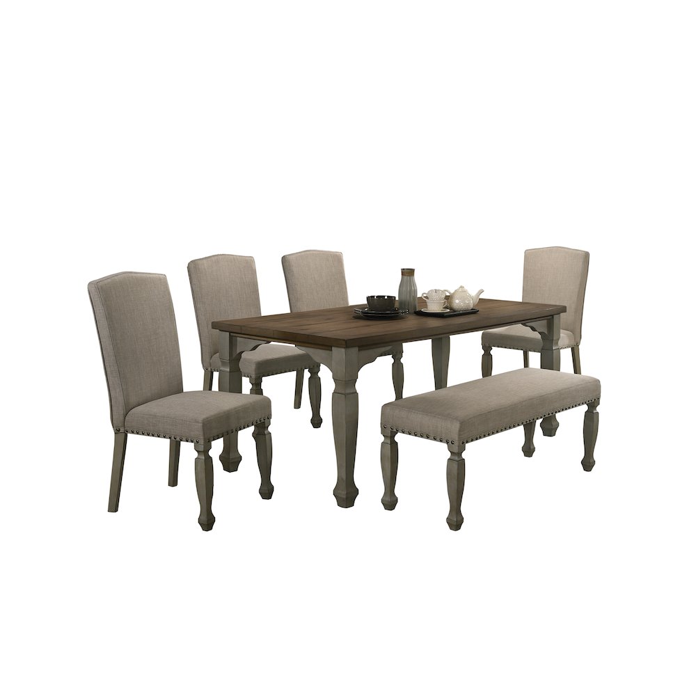 Breda Antique Gray and Dark Oak Finished Wood Dining Set, Table, Bench, Chairs. Picture 1