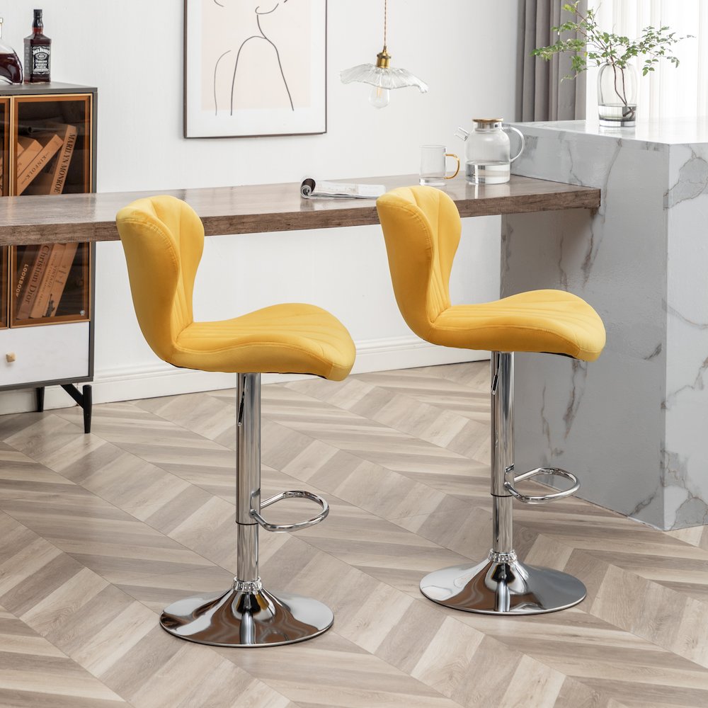 Ellston Upholstered Adjustable Swivel Barstools in Yellow, Set of 2. Picture 5