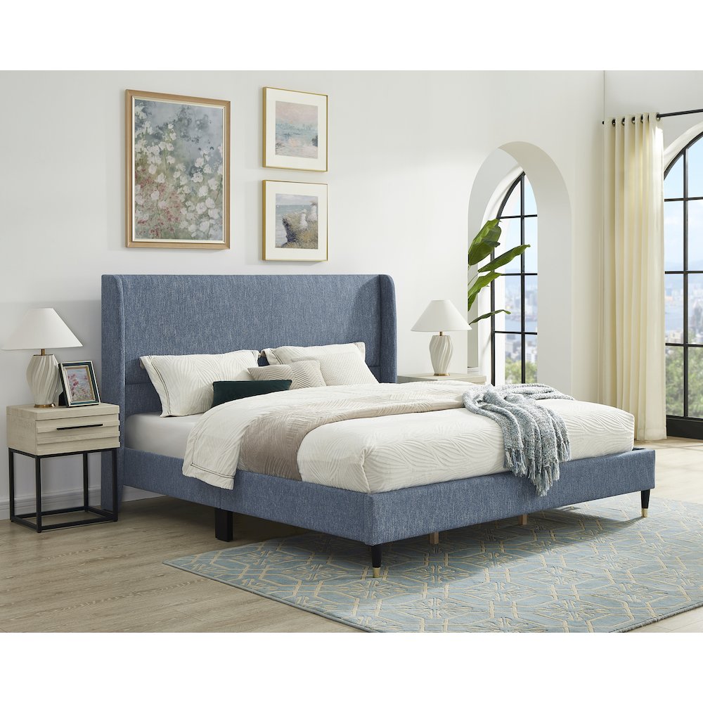 Arles Upholstered Bedroom Set, Wingback Platform Bed with Two Nightstands, King. Picture 4