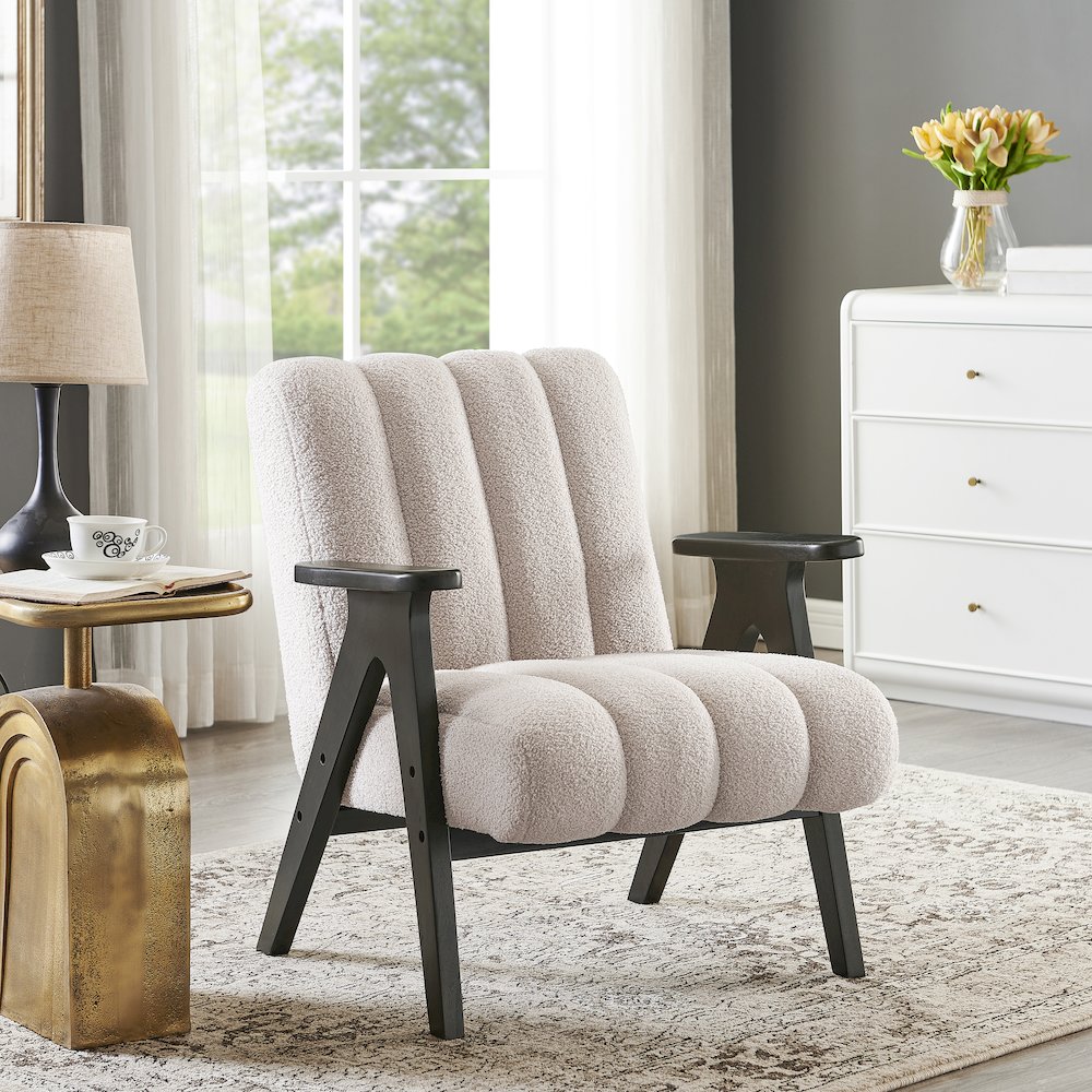 Rella Modern Teddy Sherpa Accent Chair with Espresso Wood Frame, Beige. Picture 2