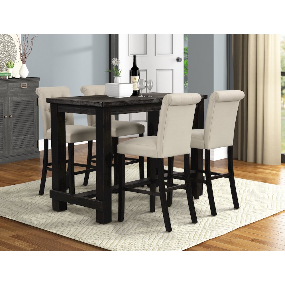 Leviton Antique Black Finished Wood 5-Pc Pub Set, Table with 4 Bar Stools, Tan. Picture 2