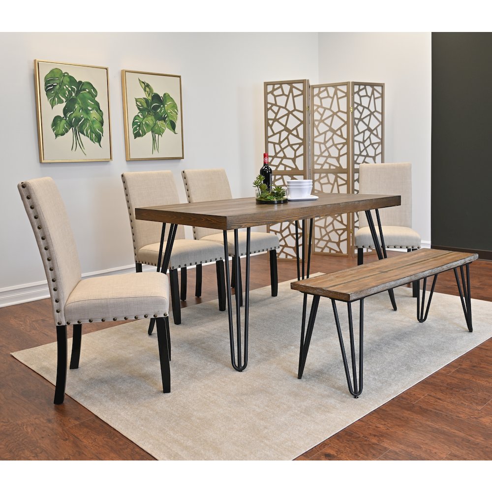 Amisos 6-Pc Dining Set, Hairpin Dining Table with 4 Chairs and Wood Bench, Tan. Picture 3