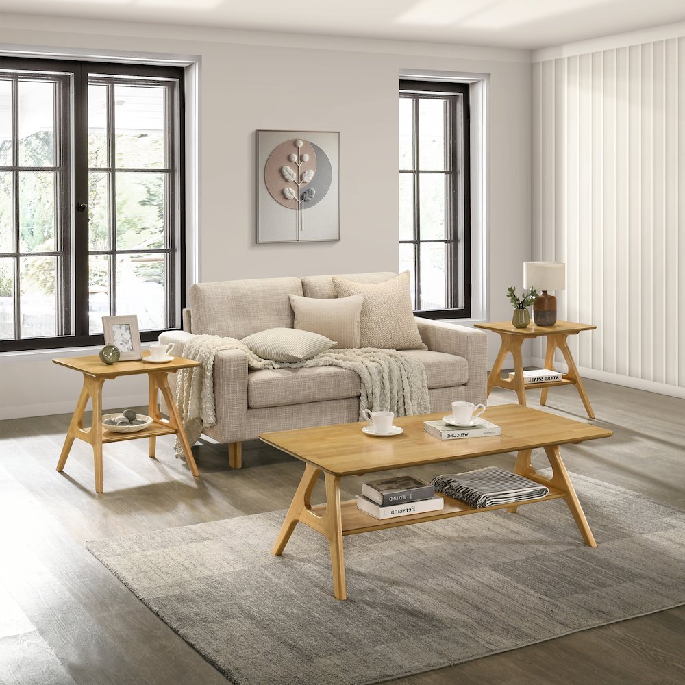 3-Piece Coffee Table Set, Coffee Table and Two End Tables, Natural Oak Finish. Picture 2