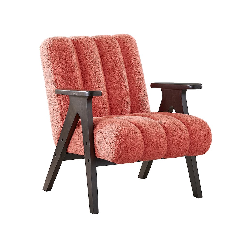 Rella Modern Teddy Sherpa Accent Chair with Espresso Wood Frame, Coral. Picture 4