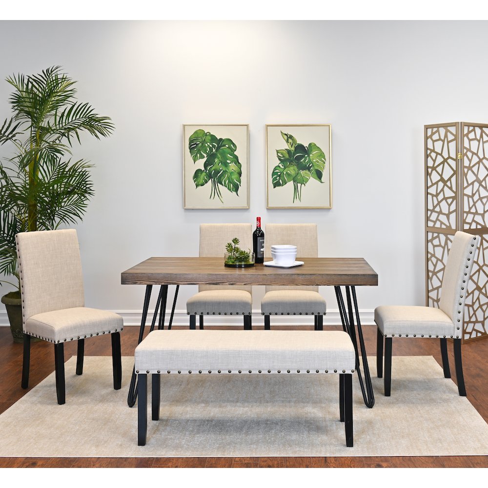 Amisos 6-Pc Dining Set, Hairpin Dining Table with 4 Chairs and Bench, Tan. Picture 2