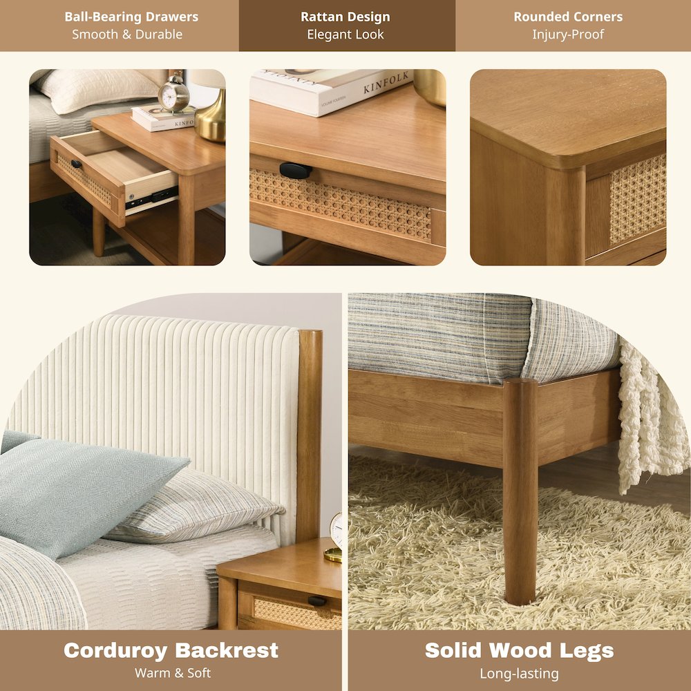Vichy Rubberwood Bedroom Set with CorduroyUpholstered Queen Bed and 2Nightstands. Picture 6