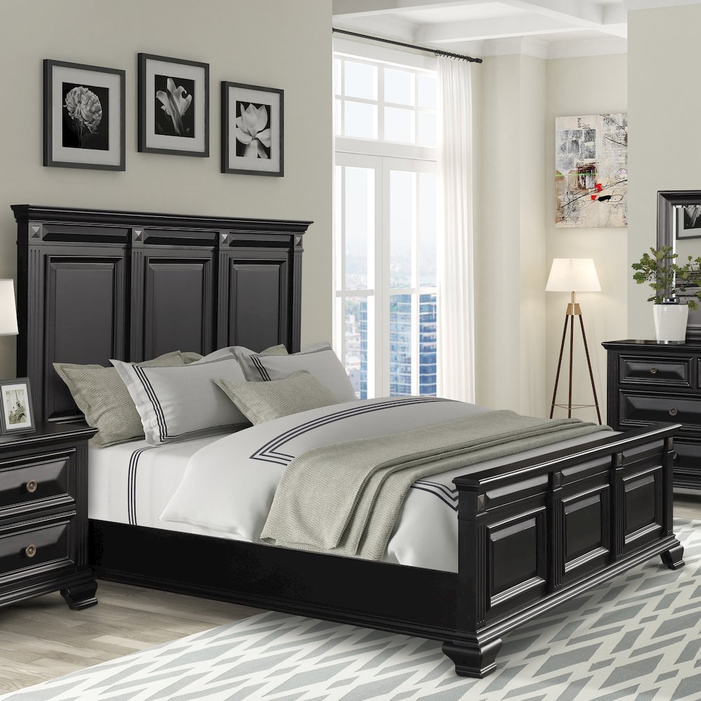 Vintage Black Wood Bedroom Set, King Panel Bed, Dresser, Mirror, 2 Nightstands. Picture 4